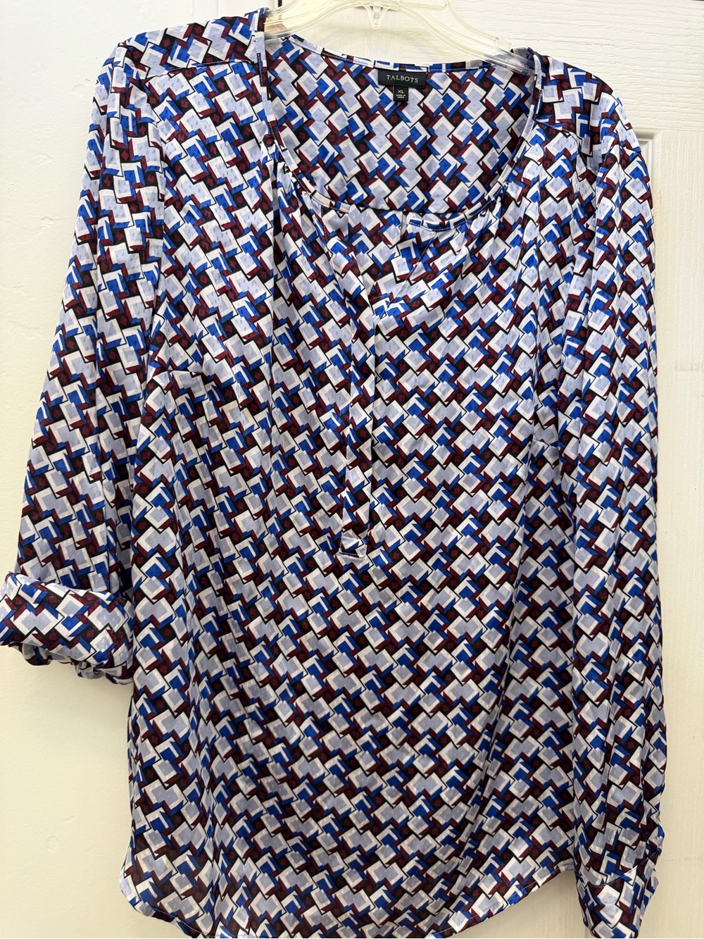 Talbots Blue White Brown Geometric Long-Sleeve Blouse